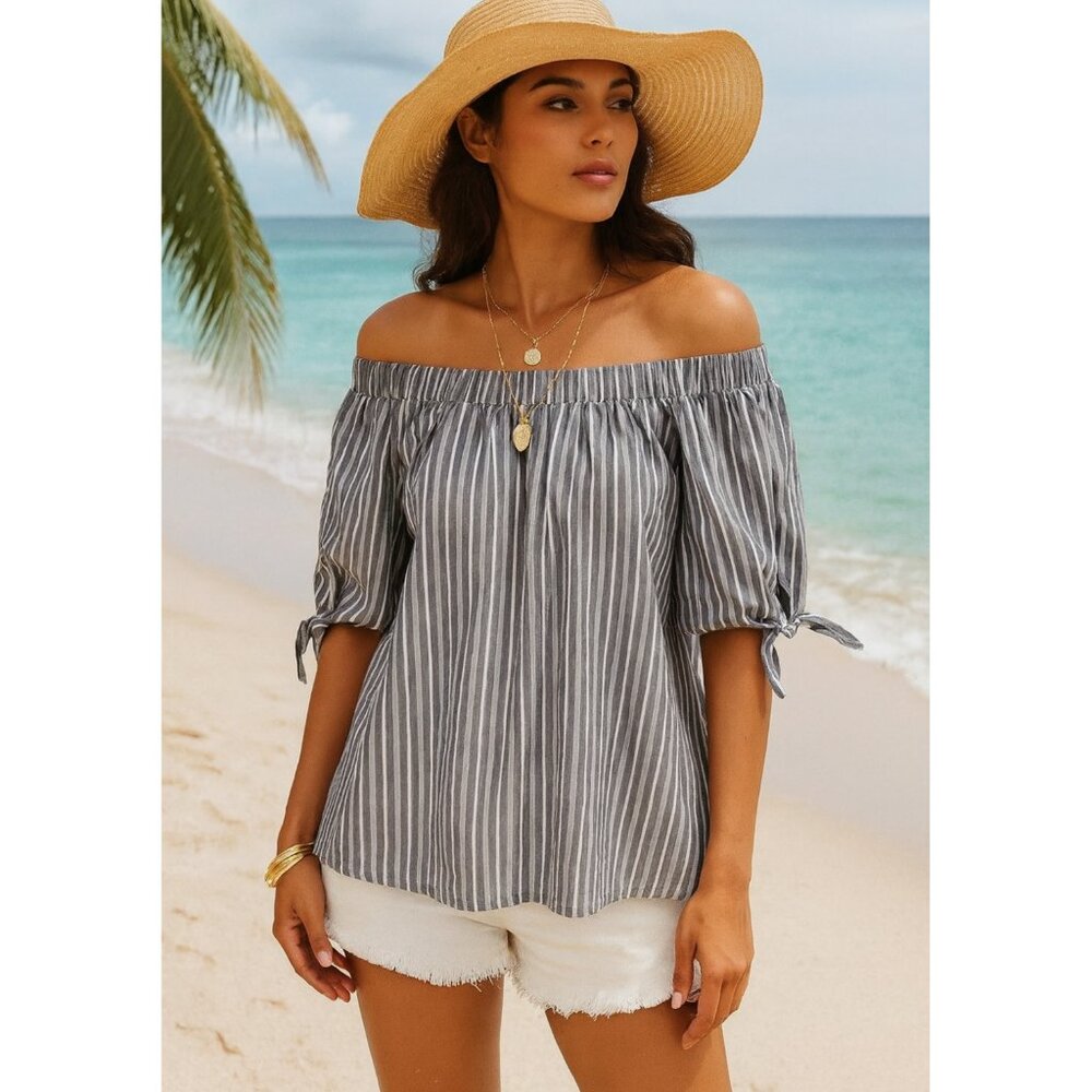 Bohemian Off-Shoulder Blouse Top Striped Relaxed size L Boho Resortwear Coastal